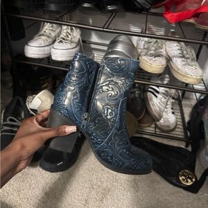 Embossed Blue Leather Ankle Booties with Side Zip